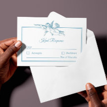 Pulverblå Toile de Jouy Kerub Bröllop RSVP-kort