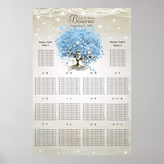 Pulverblått hjärbladsträd sittplatskarta poster (Framsidan)