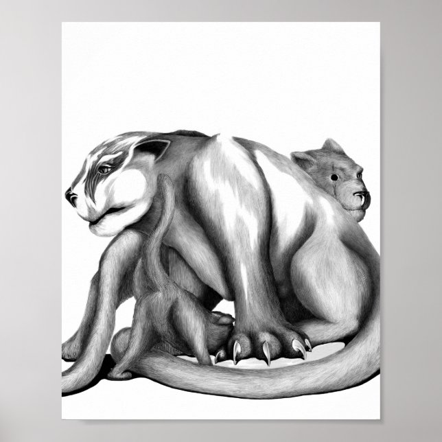 Puma-familjens svarta och vita lina teckning poster (Framsidan)