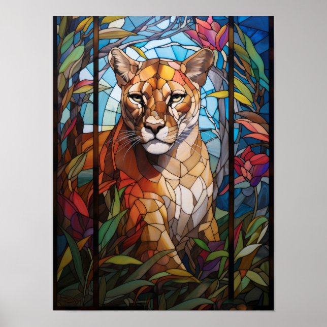 Puma glasmålning-porträtt omgiven av tropiskt poster (Framsidan)