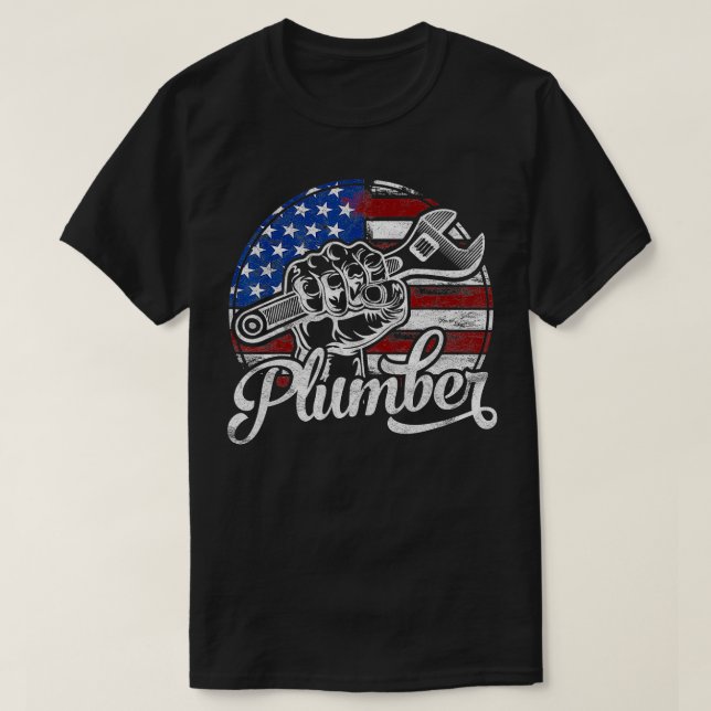 Pumber American Flagga Plumning Gift Pipe Wrench U T Shirt (Design framsida)