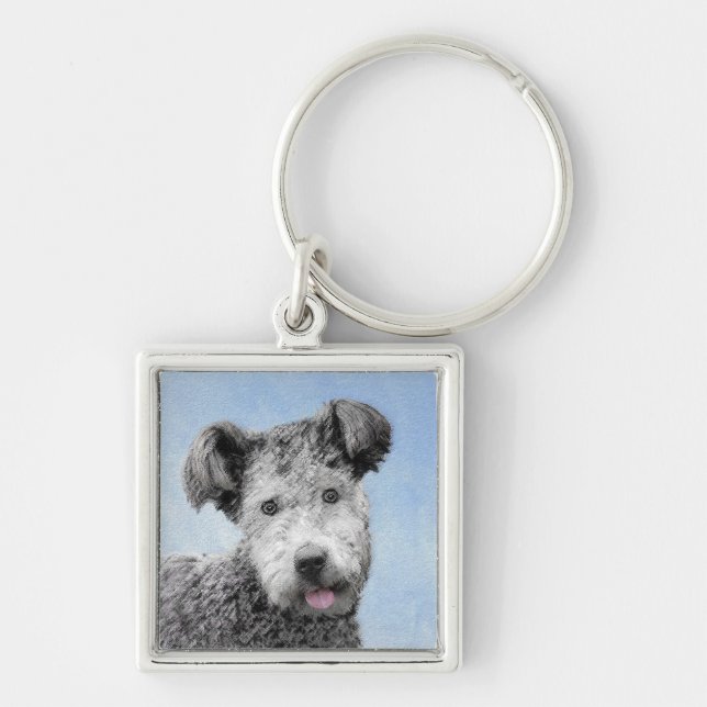 Pumi-målning - Cute Original Hund Art Fyrkantig Silverfärgad Nyckelring (Framsidan)
