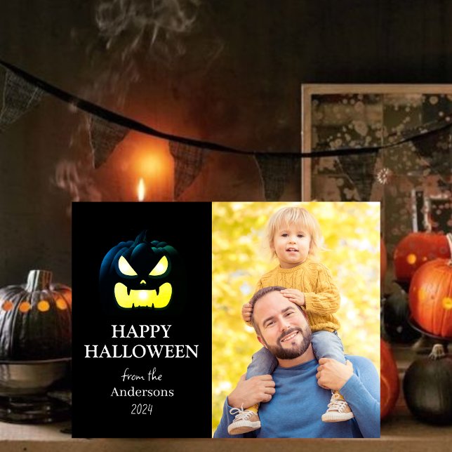 Pumkin jack-o-lantern Halloween-familj ett foto Helg Vykort (Skapare uppladdad)