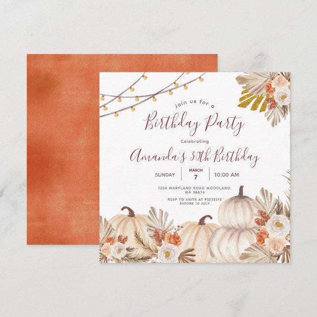 Pumpa 30-årsfest Boho Pampas-gräs Inbjudningar (Fram/baksida)