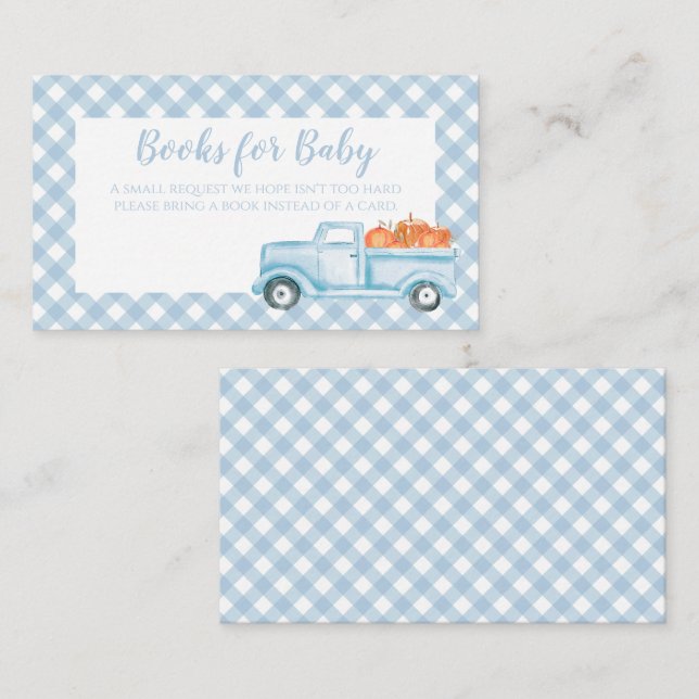 Pumpa Baby Shower blå Plaid Lastbil Bok begäran Tilläggskort (Fram/baksida)