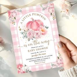 Pumpa Baby Shower Flicka Rosa Gingham Höst Inbjudningar