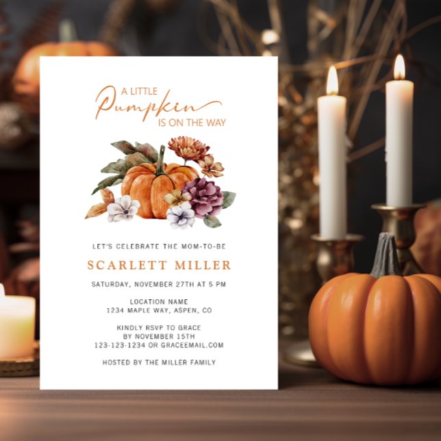 Pumpa Bebis Shower Inbjudningar (Cute A Little Pumpkin Is On The Way Fall and Autumn Baby Shower Watercolor Floral)