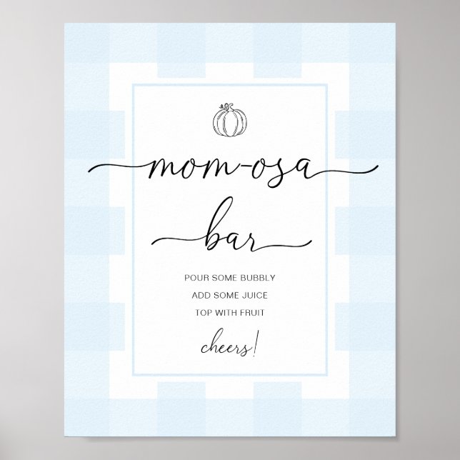 Pumpa Blå Gingham Babyfirande Mom-osa Barskylt Poster (Framsidan)