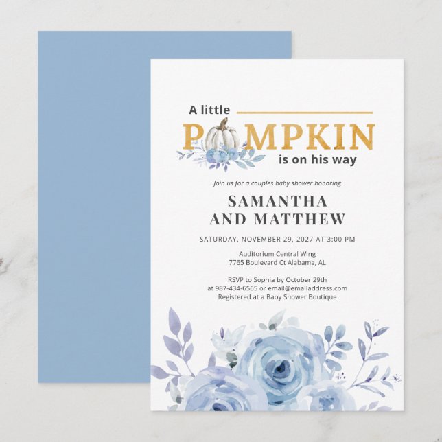 Pumpa Blå Höst Botaniska Pojkar Baby Shower Inbjudningar (Fram/baksida)