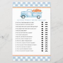Pumpa blå lastbil Baby Gissa vem Baby Shower Game Flygblad