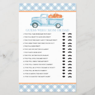 Pumpa blå lastbil Baby Gissa vem Baby Shower Game Flygblad