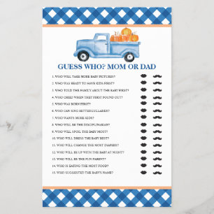 Pumpa blå lastbil Baby Gissa Vem Baby Shower Game Flygblad