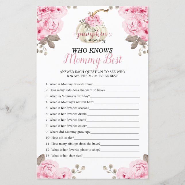 Pumpa Blommig Vem Känner Mamma Bäst Baby Shower (Framsida)