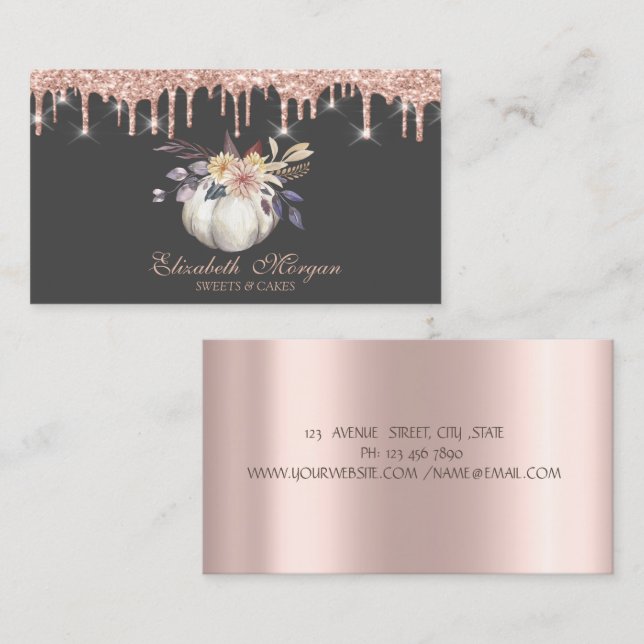 Pumpa Blommiga Godisar Rose Gold Dropar Bageri Visitkort (Fram/baksida)