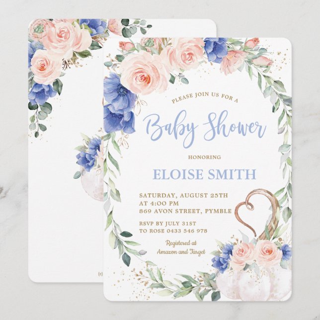 Pumpa Blush Blå Blommig Krans Baby Shower Pojke Inbjudningar (Fram/baksida)