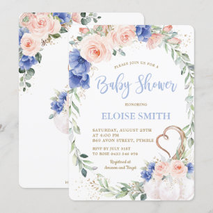 Pumpa Blush Blå Blommig Krans Baby Shower Pojke Inbjudningar