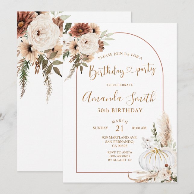 Pumpa Boho-båge Födelsedags 30-års Middagsparty Inbjudningar (Fram/baksida)