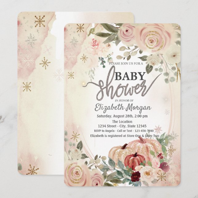 Pumpa Boho Blommor Bebis Shower Inbjudningar (Fram/baksida)