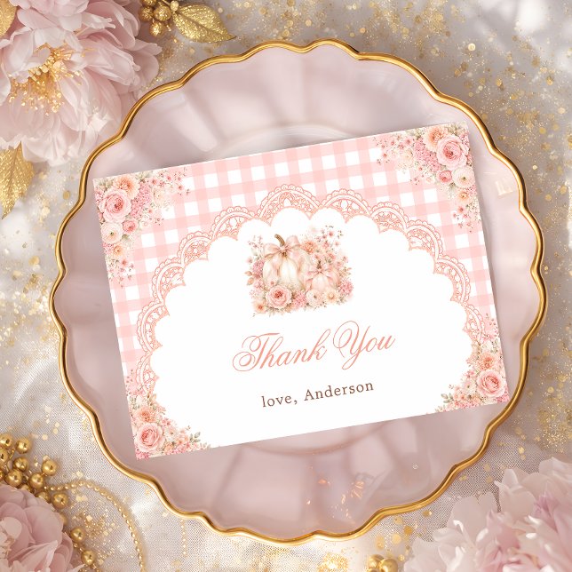 Pumpa Bow Floral Gingham Bebis Shower Tack Kort  (Skapare uppladdad)