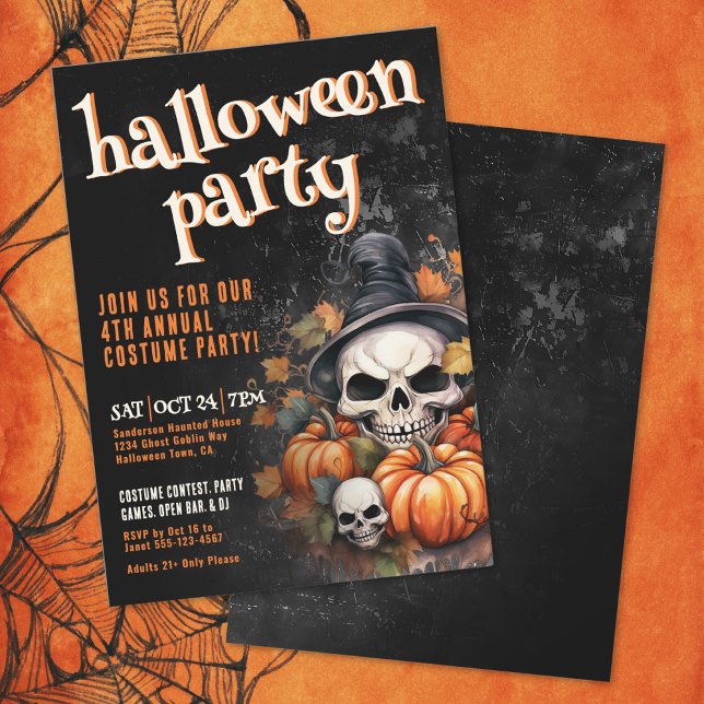 Pumpa Dödskalle Halloweenfest Inbjudningar (Pumpkin Skull Halloween Party Invitation)