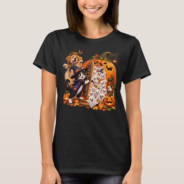 Pumpa Dörr Överraskning: Katt, Hund & Spöken Hallo T Shirt (Framsida)