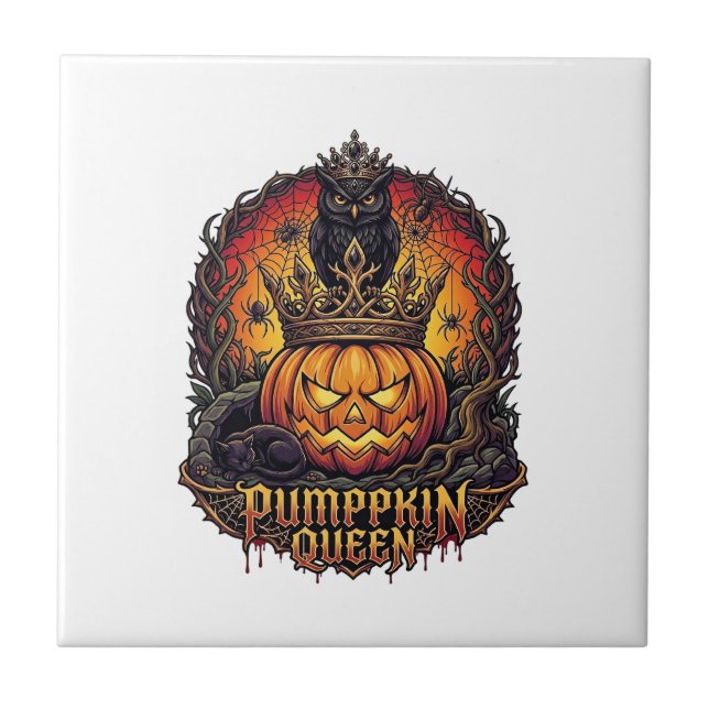 Pumpa Drottning Halloween Ugglas Spindel Svart Kat Kakelplatta (Framsidan)