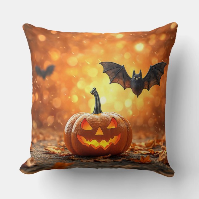 🎃🧡 Pumpa Fladdermus Kusliga Mysiga Halloween Nat Kudde (Framsida)