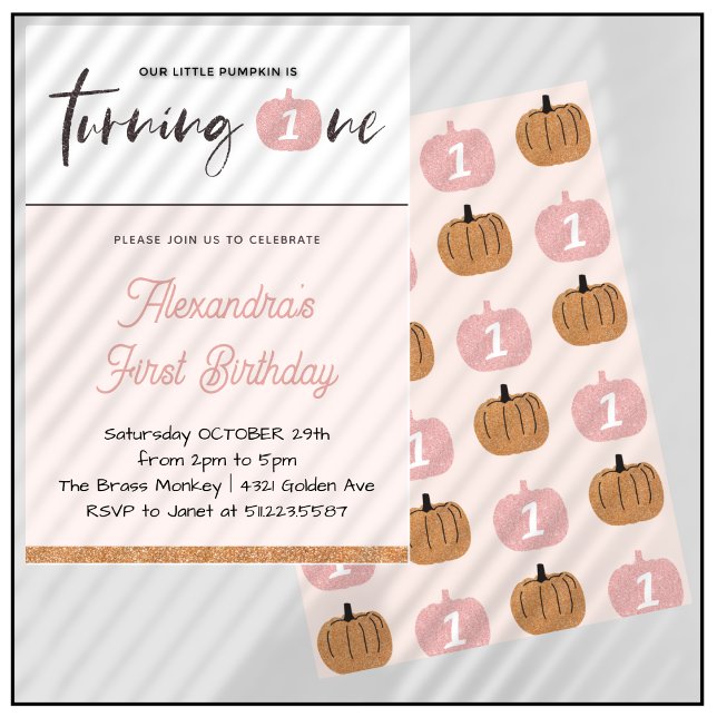 Pumpa Flicka Rosa Glitter Halloween 1-årsdag Inbjudningar (Halloween-1st-birthday-Invitation-Pumpkin-Girl-Pink-gold-Glitter-1)