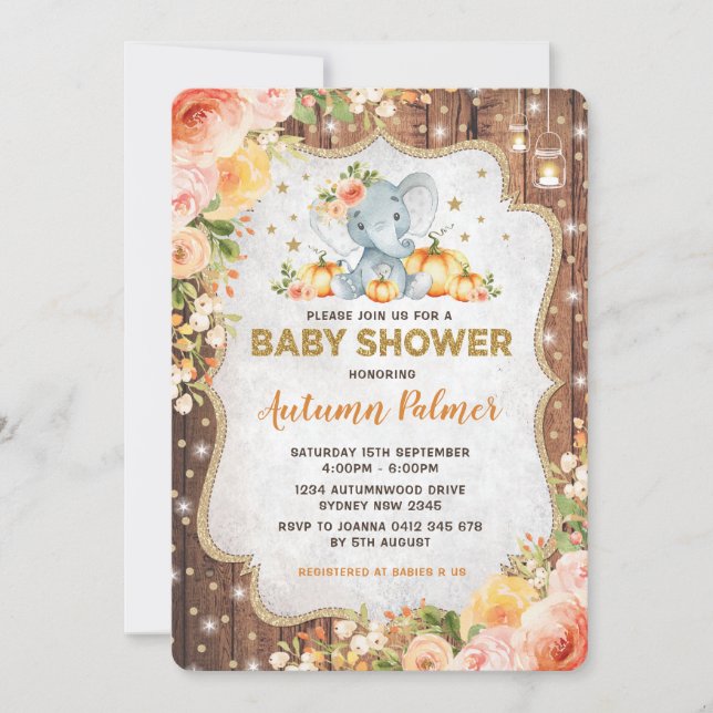 Pumpa för blommigt för nedgång för höstelefantbaby inbjudningar (Framsida)