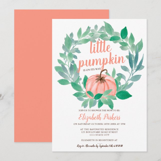 Pumpa för blommigt med färgen babydusch inbjudningar (Fram/baksida)