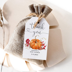 Pumpa för vattenfärgsfärg orange faller tack vare  presentetikett