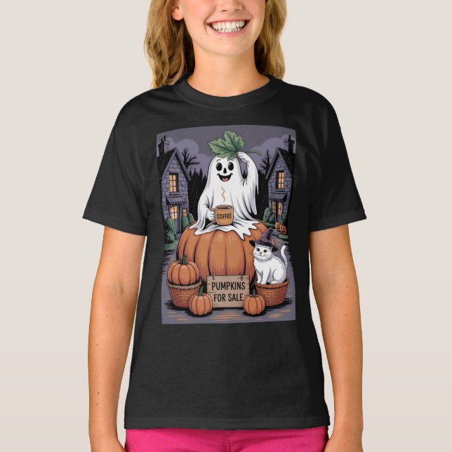 Pumpa Försäljning & Kaffeande Spöke & Katt V2 T Shirt (Framsida)