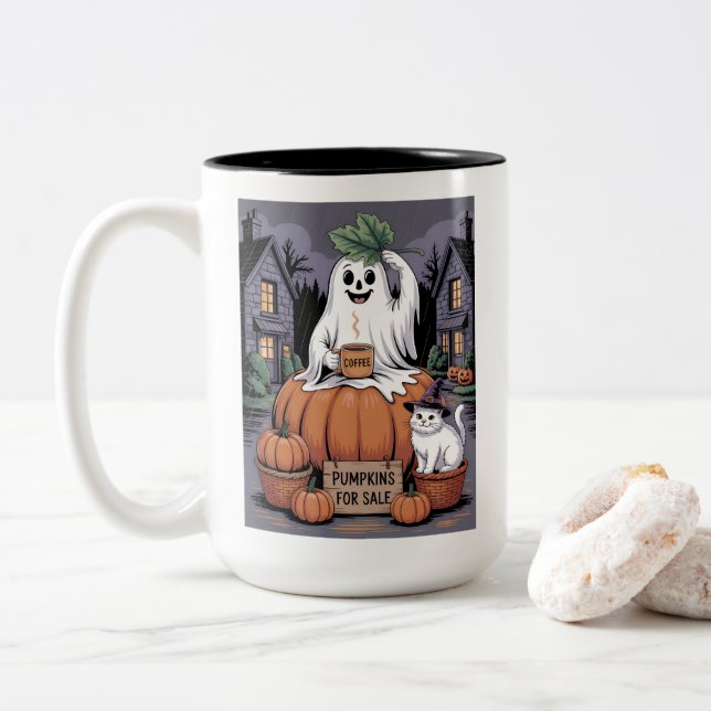 Pumpa Försäljning & Kaffeande Spöke & Katt V2 Två-Tonad Mugg (Med munk)