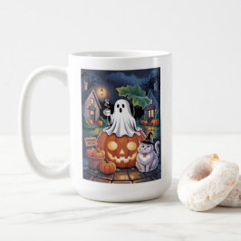 Pumpa Försäljning & Kaffeande Spöke Med Katt Mugg