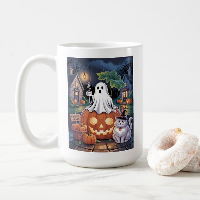 Pumpa Försäljning & Kaffeande Spöke Med Katt Mugg (Med munk)