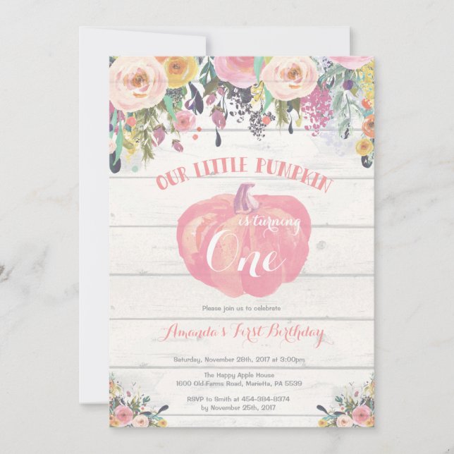 Pumpa Första Födelsedagsinbjudan Blommig Rustik Inbjudningar (Framsida)