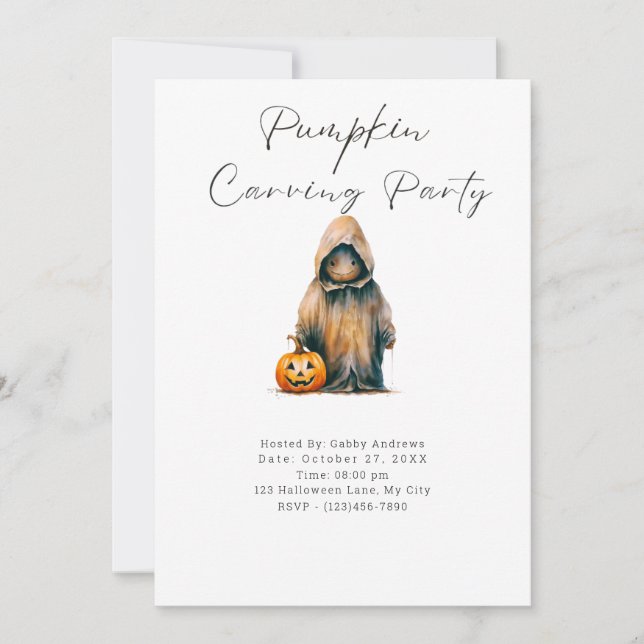Pumpa-graveparty med spökklädd figur i mantel inbjudningar (Framsida)