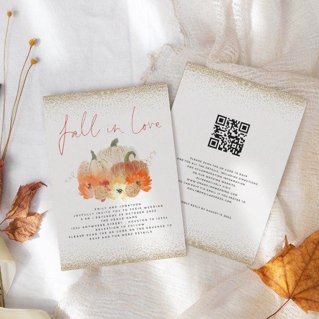 Pumpa Guld Glitter QR-kod Fall in Love Bröllop Inbjudningar (Skapare uppladdad)