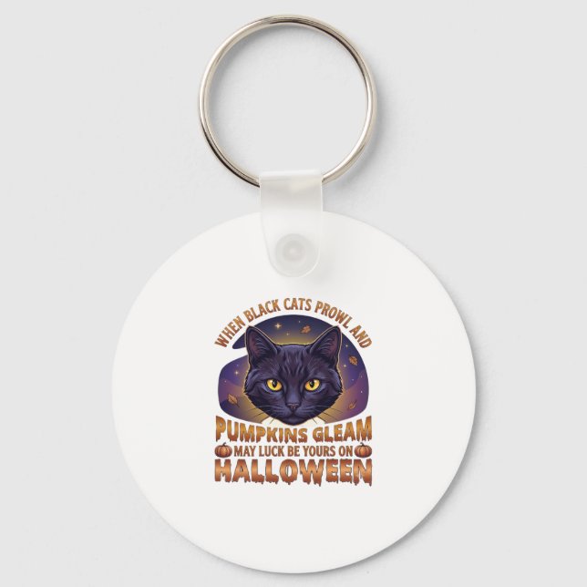 Pumpa Halloween glänser svart katt fallande löv_ Nyckelring (Framsida)