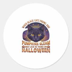 Pumpa Halloween glänser svart katt fallande löv_ Runt Klistermärke