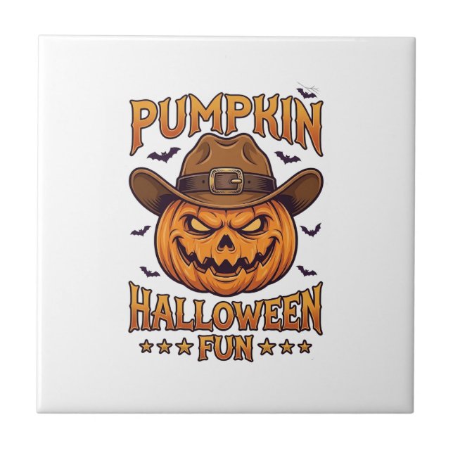 Pumpa Halloween Kul Jack Lantern Cowboyhatt Fladde Kakelplatta (Framsidan)