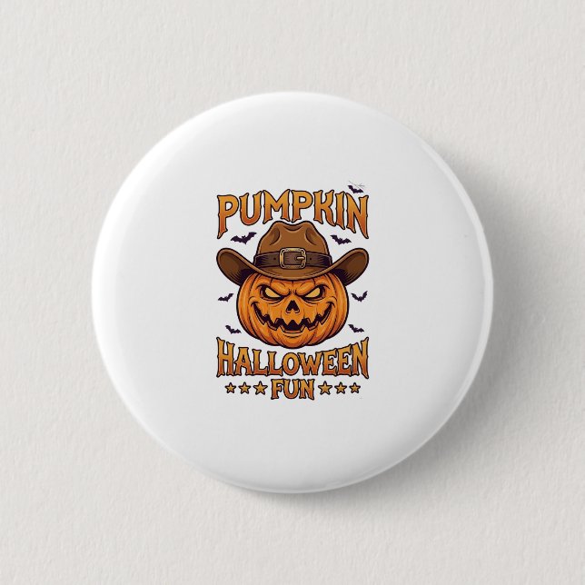 Pumpa Halloween Kul Jack Lantern Cowboyhatt Fladde Knapp (Framsida)