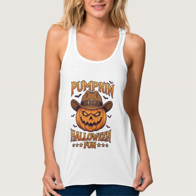 Pumpa Halloween Kul Jack Lantern Cowboyhatt Fladde Linne Med Racerback (Framsida)