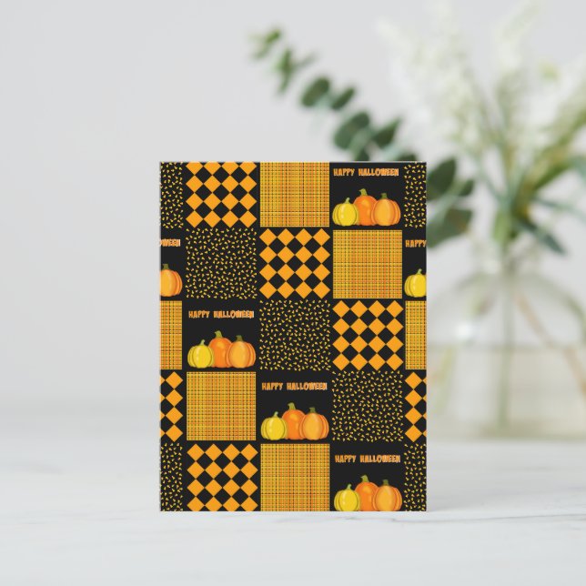 Pumpa Halloween Patchworkmönster Vykort (Stående Fram)