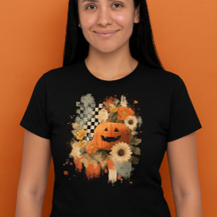Pumpa Halloween Rutig Bräda retro  T Shirt