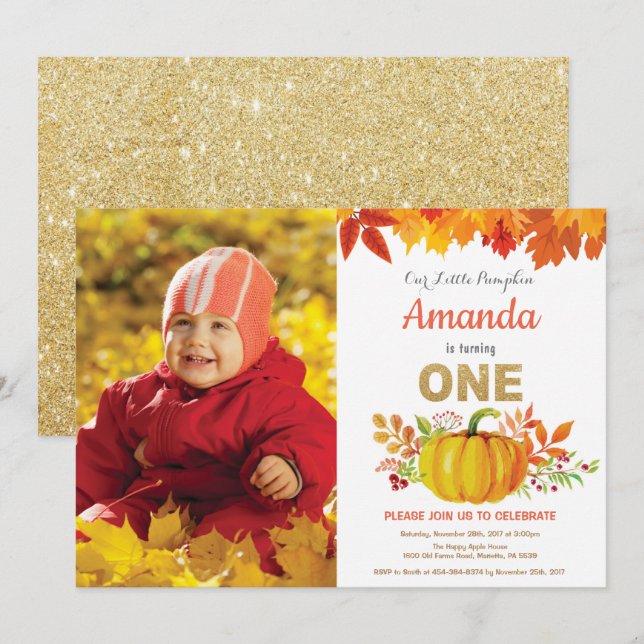 Pumpa Höst Första Födelsedag Guld Glitter Inbjudningar (Fram/baksida)