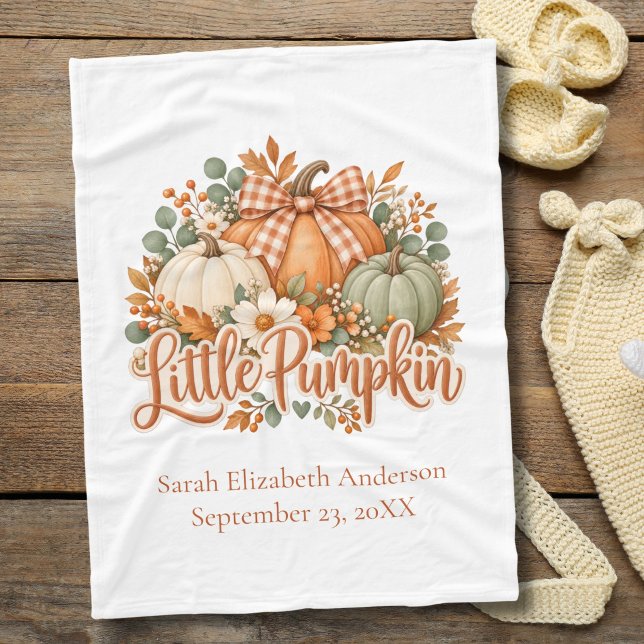 Pumpa Höst Höst Floral Band Personlig Bebis Fleecefilt (Little Pumpkin fall autumn personalized baby blanket. Sage green, orange white, baby shower gift)