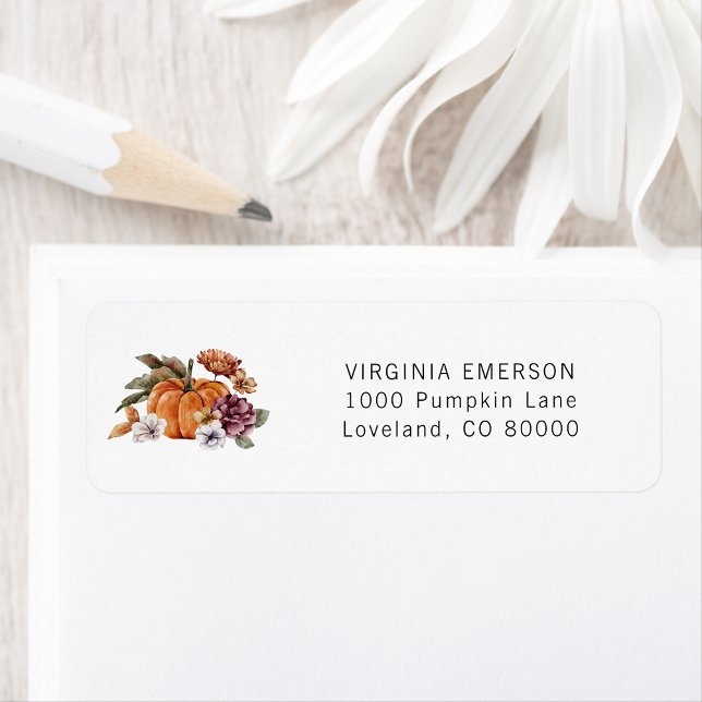 Pumpa Höst Returadress Etikett (Autumn Pumpkin Floral Fall Return Address Label by Painted Paperie)