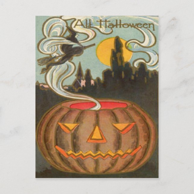 Pumpa Jack O Lantern Häxa Fullmåne Vykort (Framsida)