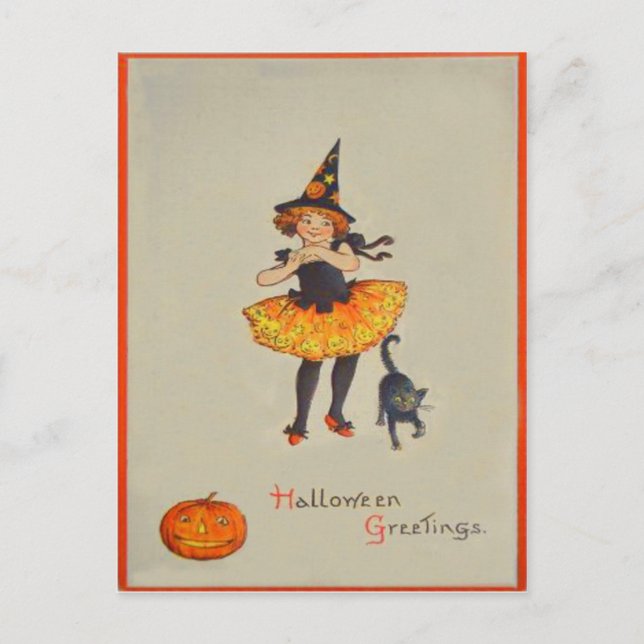 Pumpa Jack O Lantern Häxa Svart Katt Vykort (Framsida)